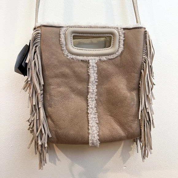 Maje Cream Sherpa Fringe Leather Suede Adjustable Designer Crossbody Bag NWT - Picture 3 of 10